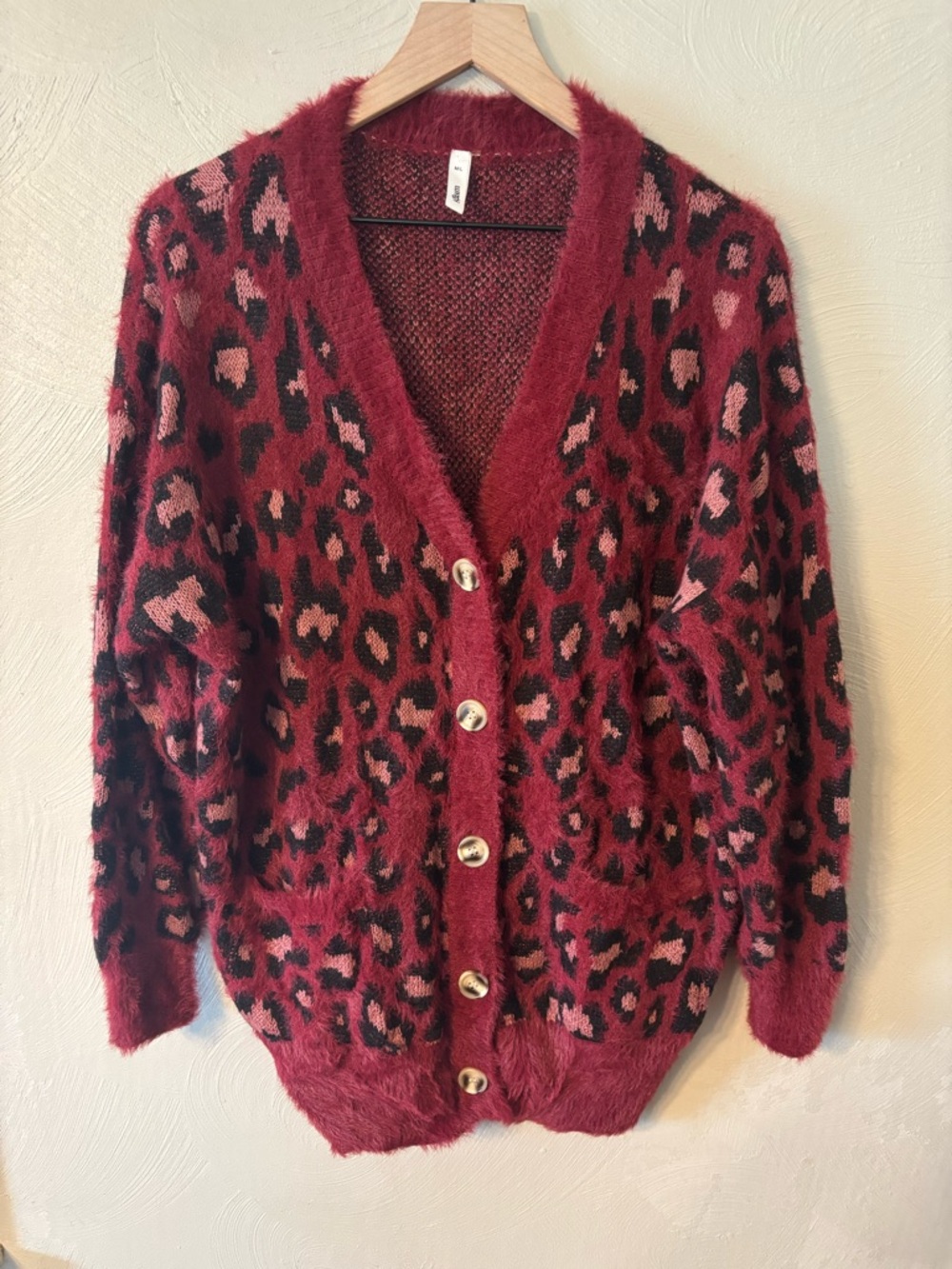 glam Red Burgundy Leopard Fuzzy Button Cardigan